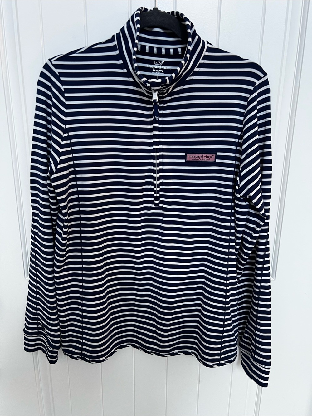 Vineyard Vines Sankaty Navy White Striped Quarter Zip Pullover - Picture 2 of 11